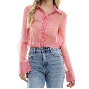 Pink Sheer Ruffle Blouse Medium – Romantic Chiffon Blend Button Front